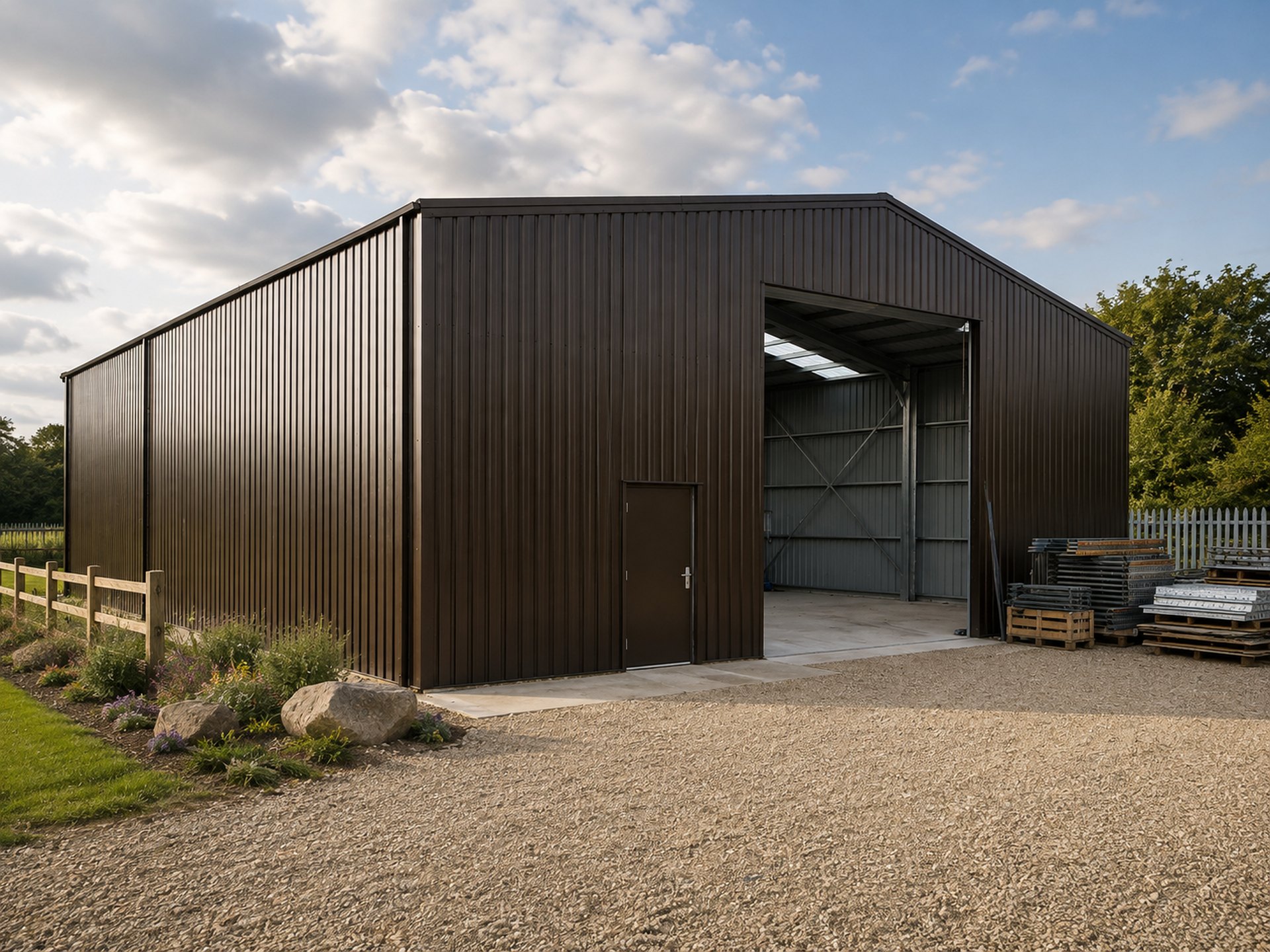 equestrian vandyke brown steel storage building access
