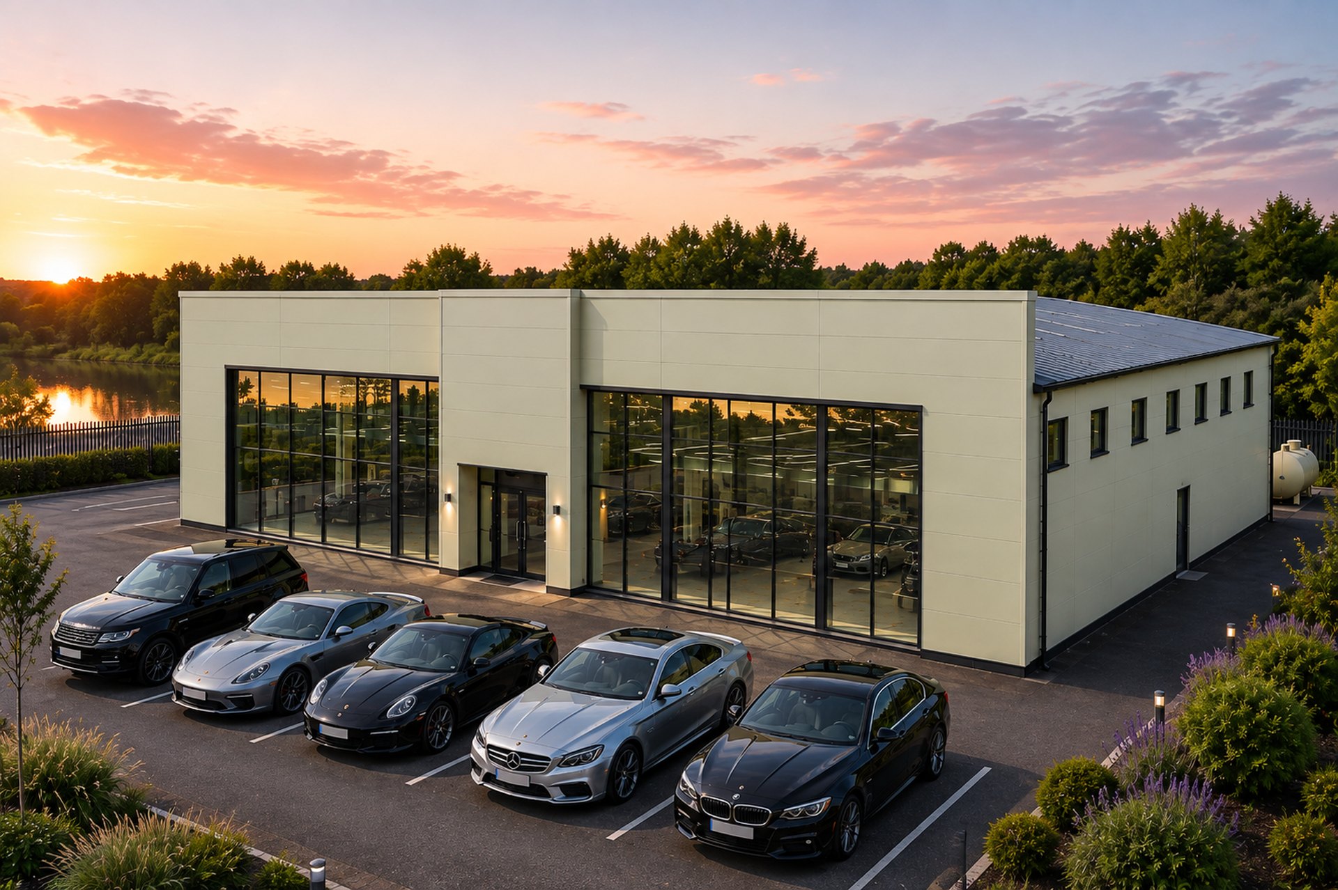 Luxury Car Showroom Steel Building Sunset