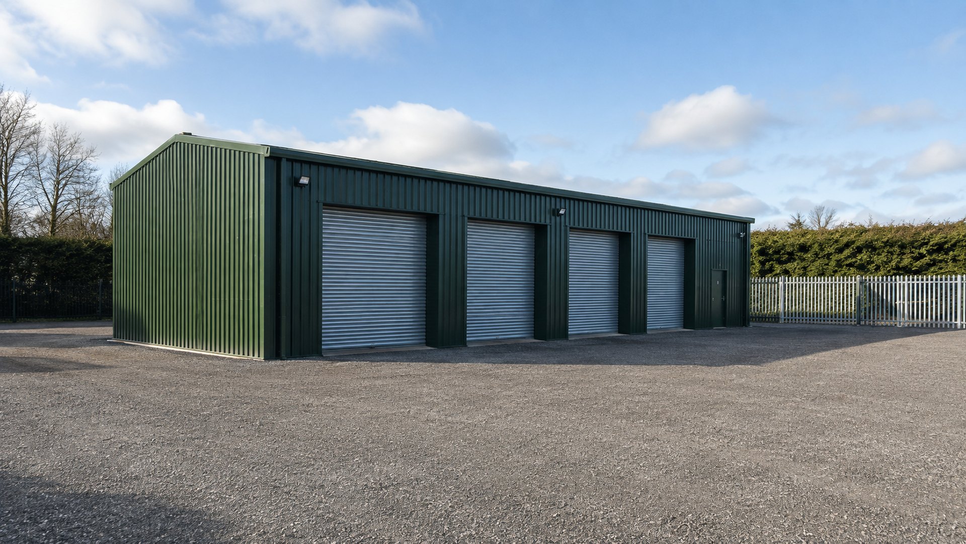 commercial steel workshop four roller shutter units