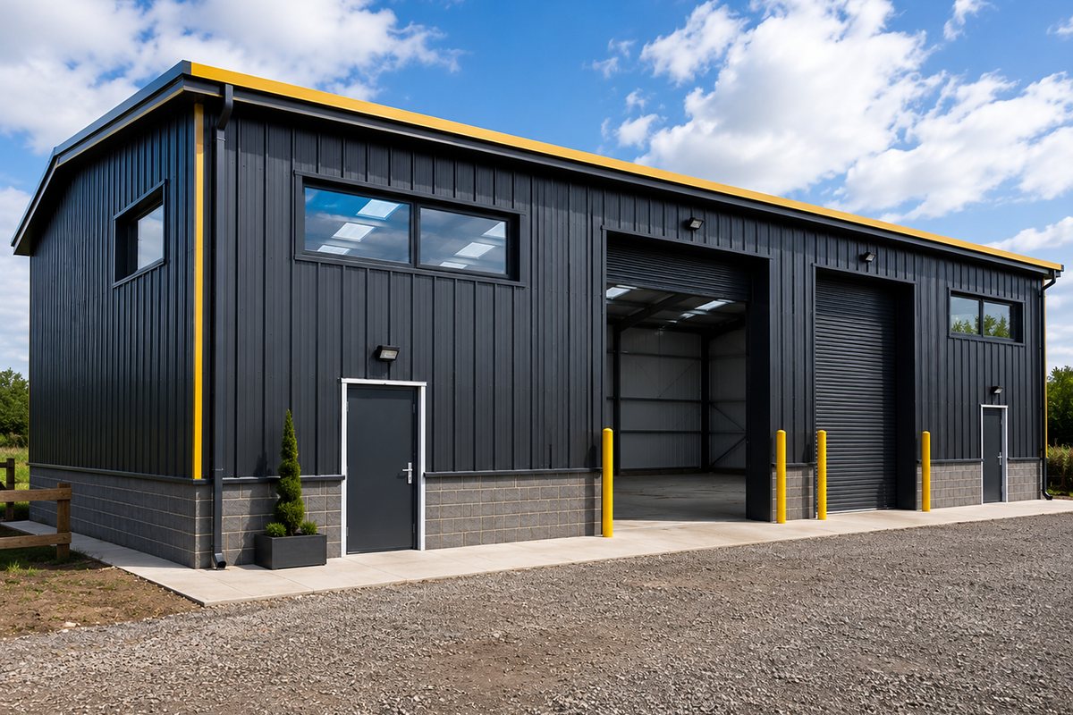Commercial and industrial steel building with roller shutter doors and dark grey cladding