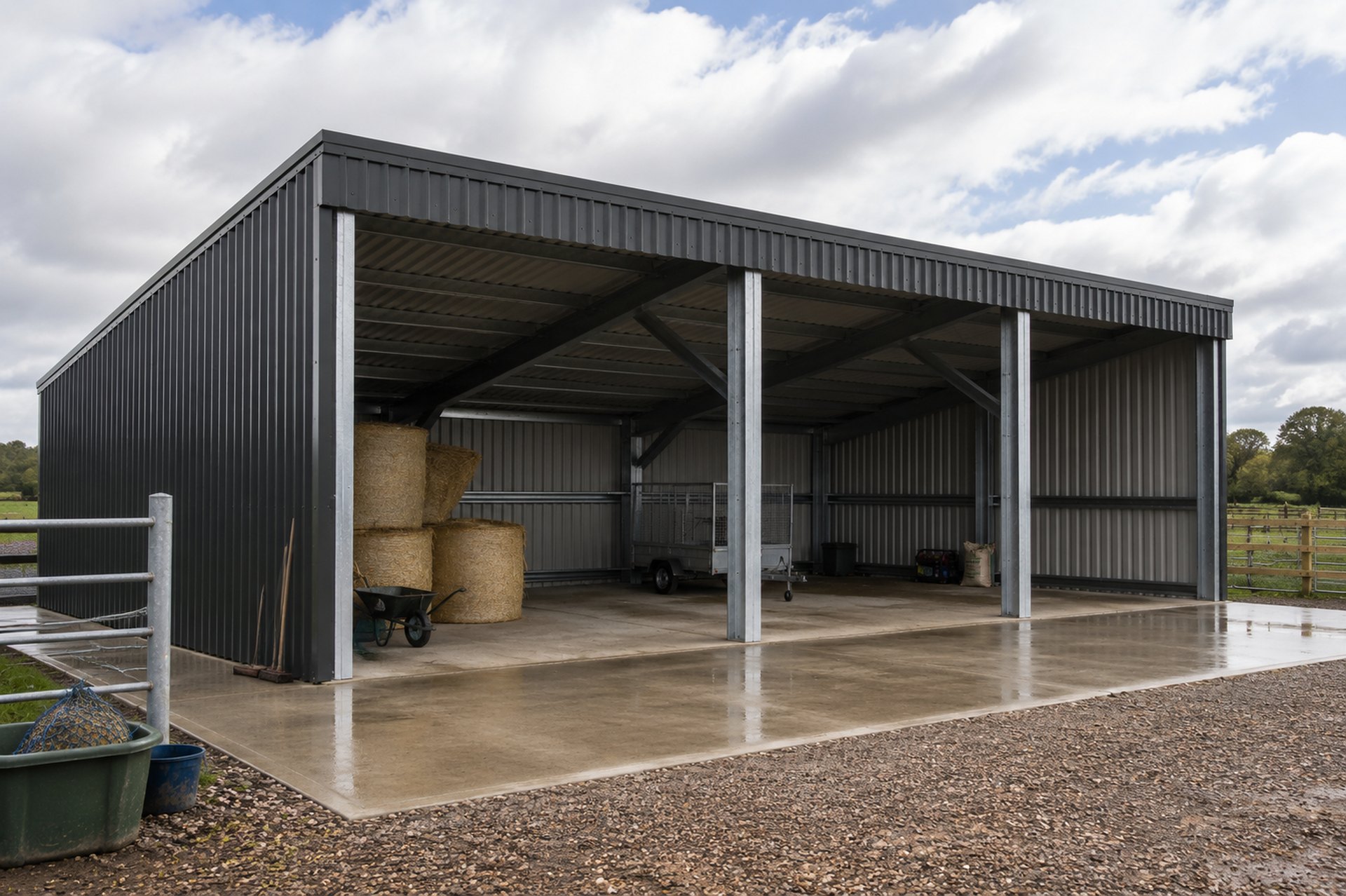 equestrian open fronted steel hay storage barn