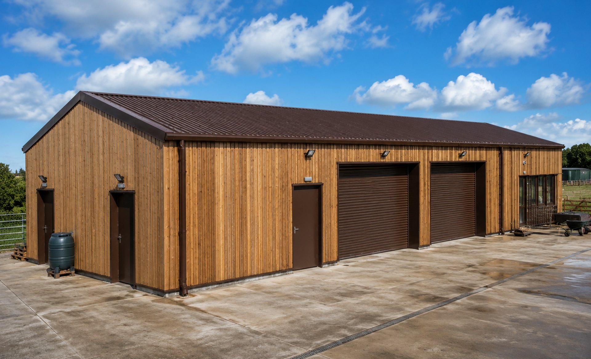 equestrian timber clad steel workshop vandyke brown