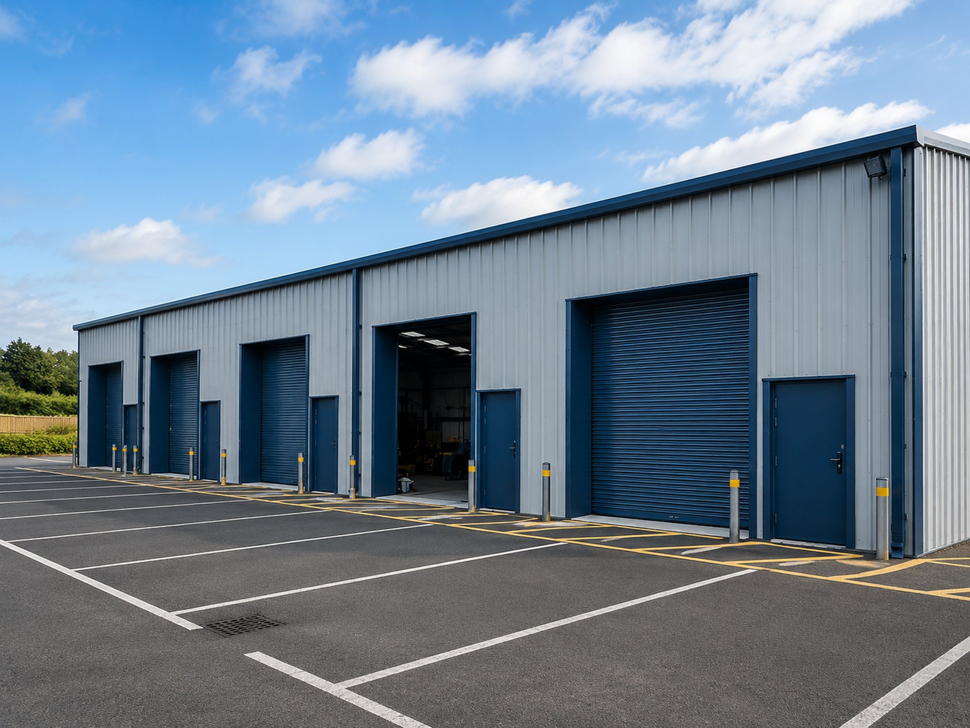 industrial blue grey multi unit steel workshops