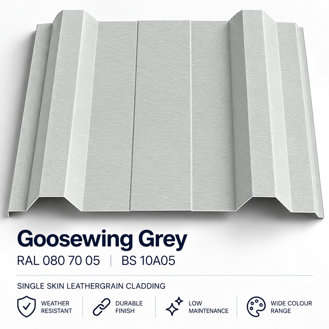 commercial goosewing grey single skin leathergrain cladding ral 080 70 05